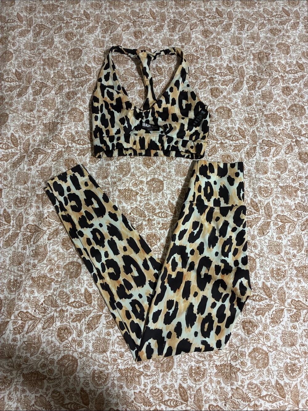 Beach Riot Leopard Print Sports Bra and Leggings Set - Beige, Black